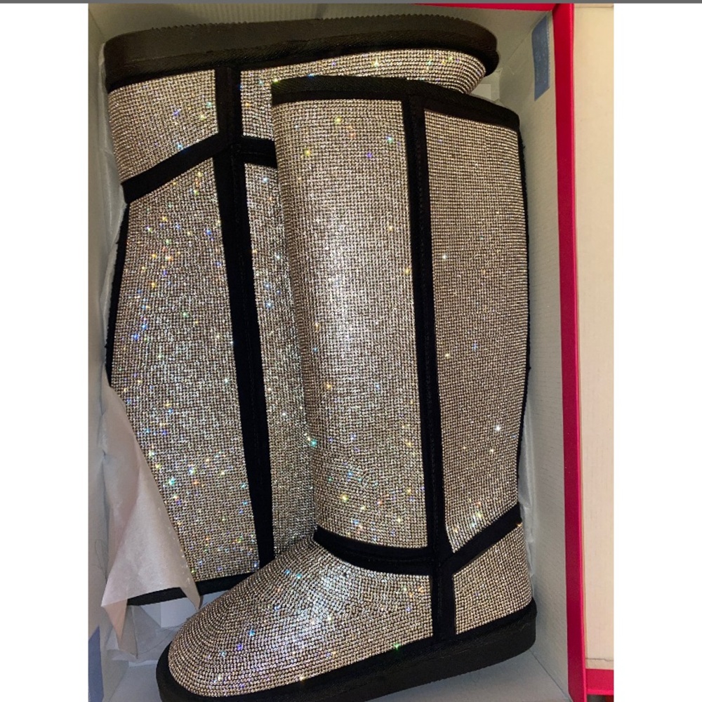 Rhinestone Tall Black Winter Boots